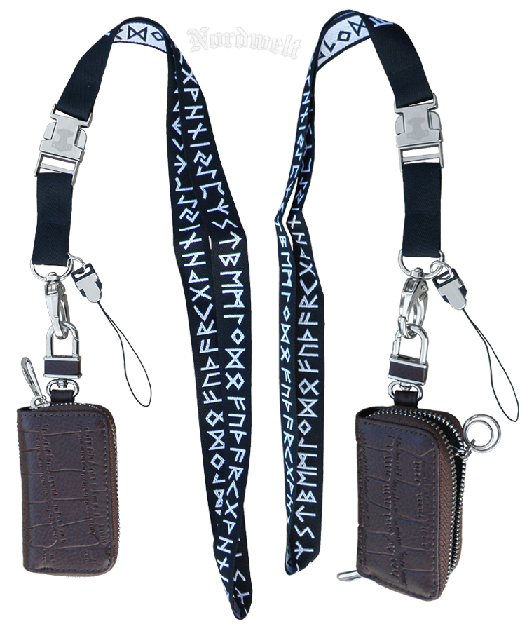Runen Schlüsselband mit  Schlüsseltasche aus Leder, Futhark Runenband
