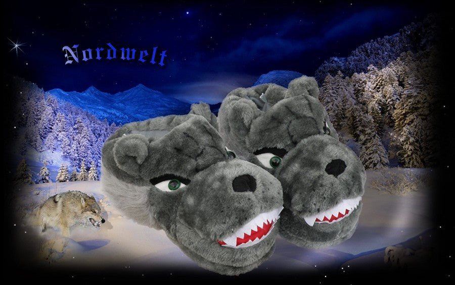 Hüttenschuhe Fellhausschuhe Wolf grau, Größe 40/41