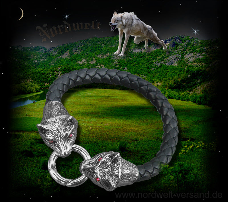 Lederarmband / Armreifen mit Wolfsköpfen (Geri + Freki) Armschmuck