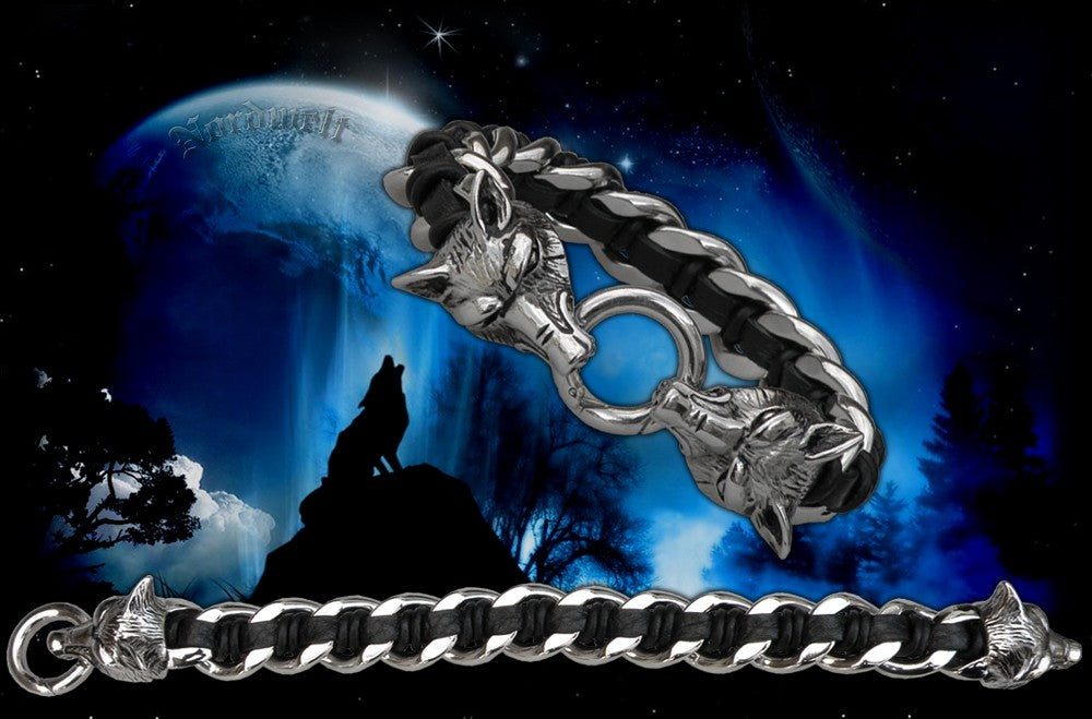 Armband Geri und Freki Odins Wölfe Edelstahl Leder Wolfsköpfe