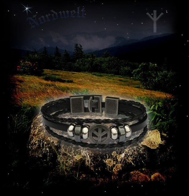 Armband Algiz- Rune Lebensrune Manrune aus Leder mit Metallverscherschluss