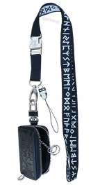 Futhark Schlüsselband mit Runen und Schlüsseltasche aus echtem Leder, schwarz Rindleder