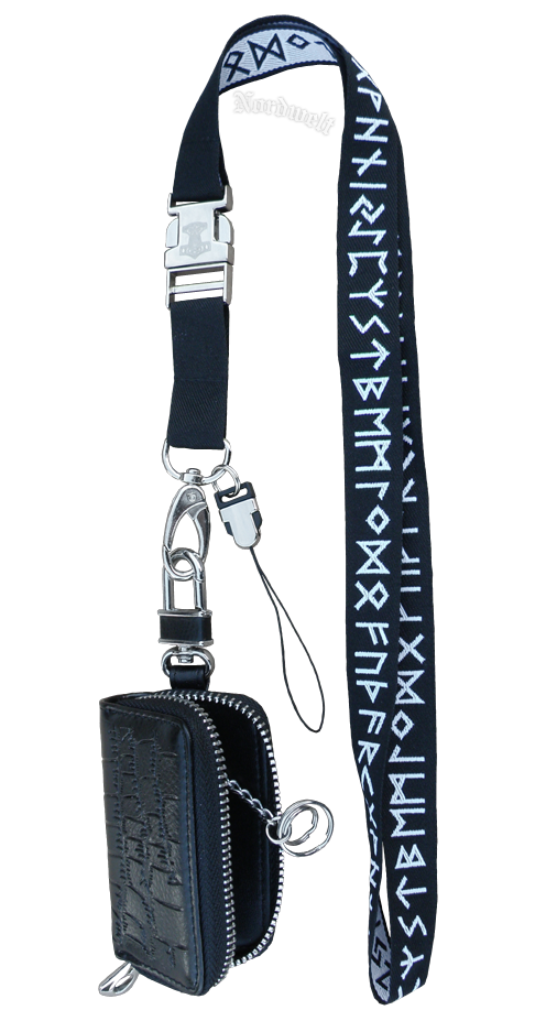 Futhark Schlüsselband mit Runen und Schlüsseltasche aus echtem Leder, schwarz Rindleder