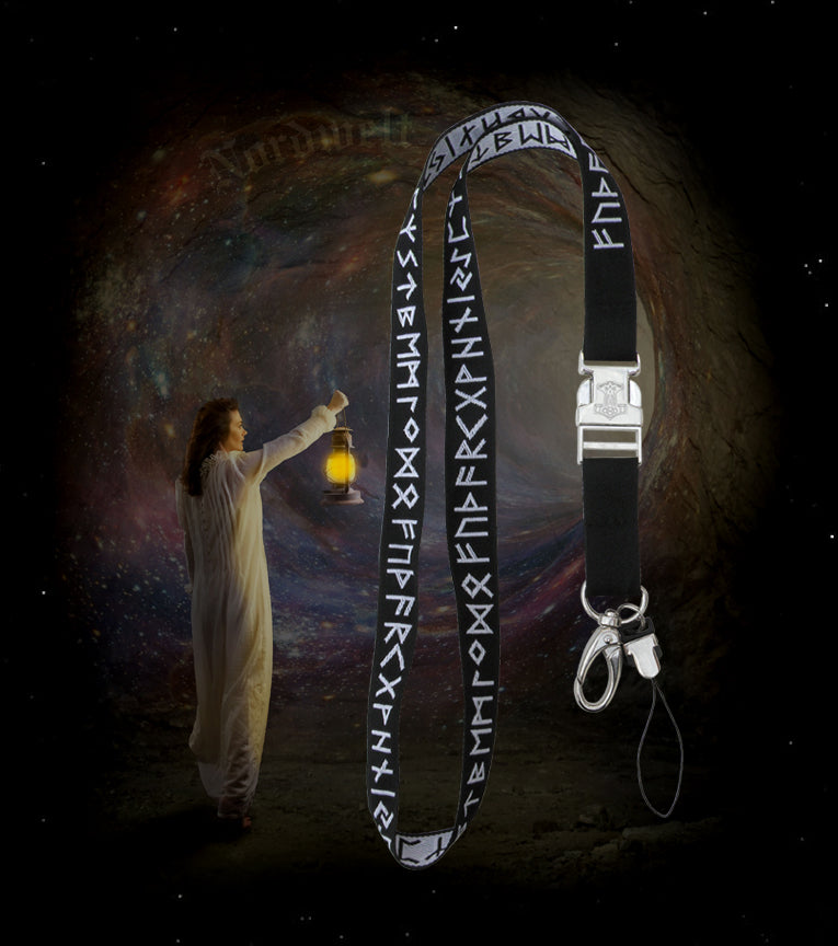 Runen Schlüssenband mit Thorhammer eingewebtes 24er Futhark