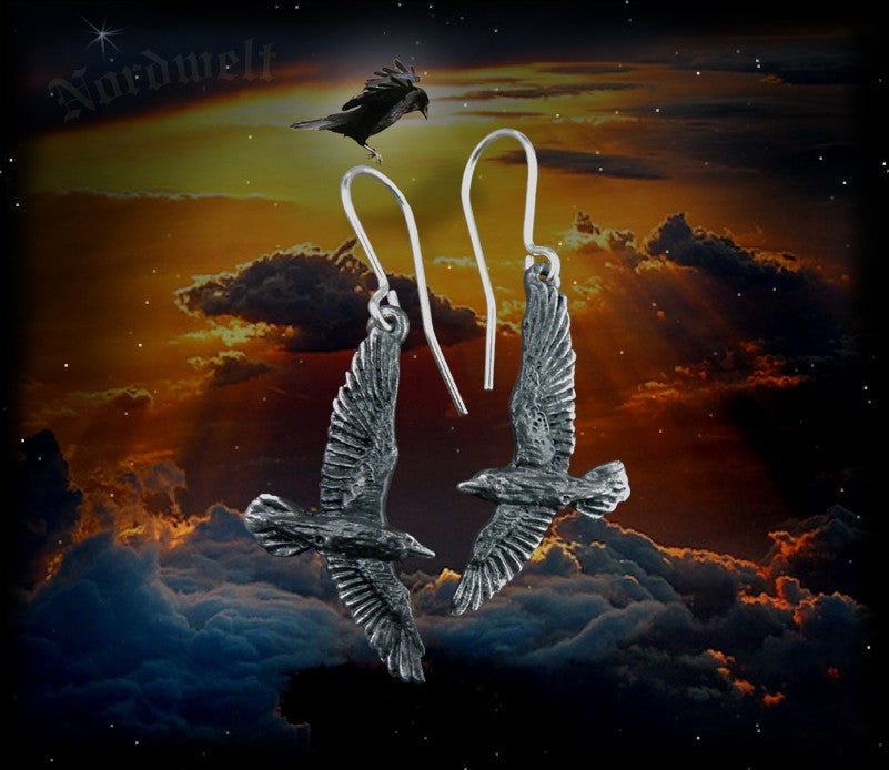 Ohranhänger Raben, Hugin und Munin im Flug Zinn- Schmuck Ohrschmuck 