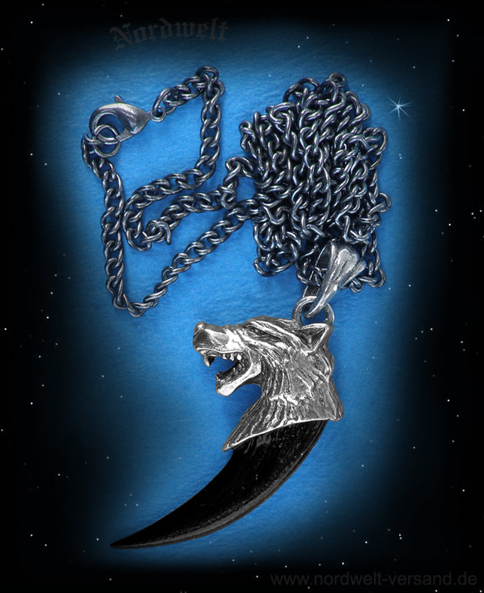 Wolfskralle mit Wolfskopf Zinn Anhänger mit Kette