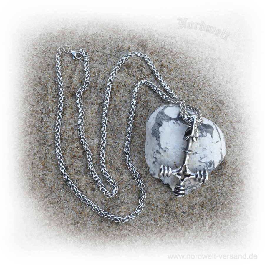 Wolfskreuz Thorhammer Anhänger mit Kette aus Edelstahl, Wikinger-Schmuck Thors-Hammer Mjöelnir