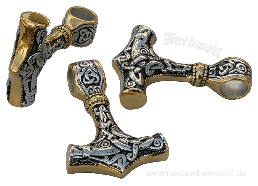 Thorhammer teilvergoldet Mjönir, Thors-Hammer Edelstahl teilweise vergoldet, Mammen-Stil 
