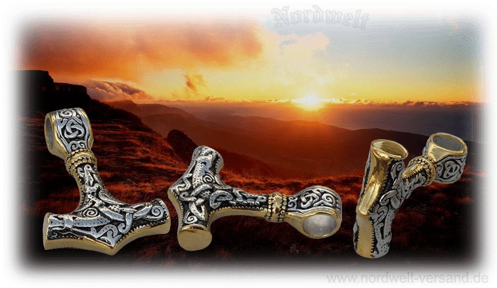 Thorhammer teilweise vergoldet Edelstahl Thorshammer Mjölnir mit Flechtmuster Mammen Stil