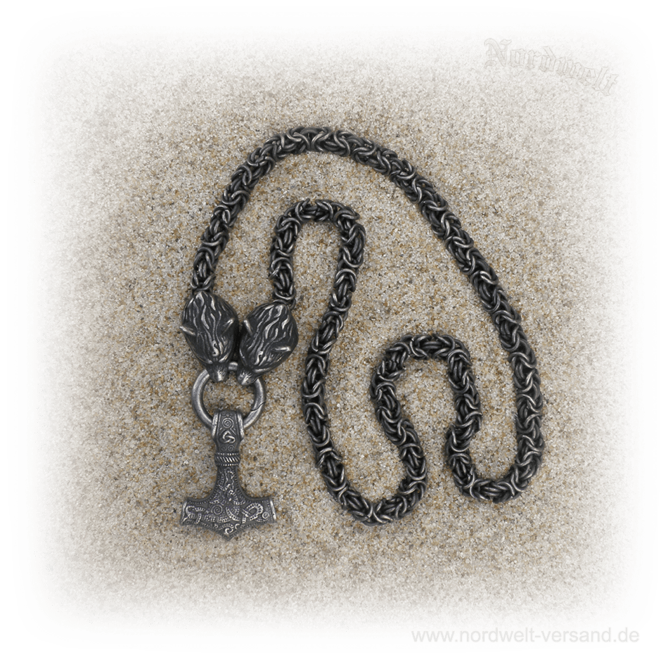 Schwarzer Thorhammer mit Königskette, Thors-Hammer geschwärzt, Mjölnir mit Wolfsköpfen Byzantiner-Kette