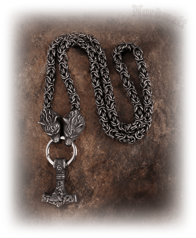Schwarzer Thorhammer mit Königskette, Thors-Hammer geschwärzt, Mjölnir mit Wolfsköpfen Byzantiner-Kette