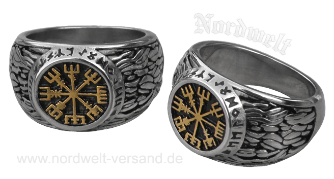 Vegvísir  Wegweiser Edelstahl Ring teilvergoldet Wikinger Kompass