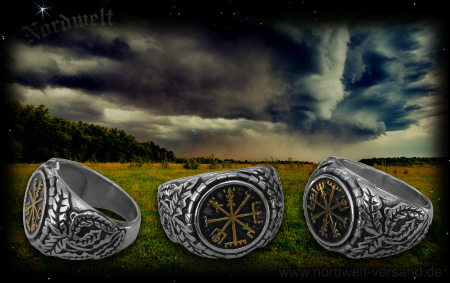 Vegvísir Wegweiser Edelstahl Ring Wikinger Kompass teilvergoldet