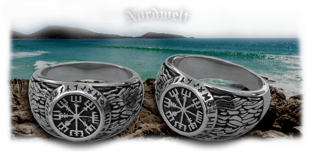 Vegvísir (Wegweiser) Ring  mit  "Wikinger Kompass", Edelstahl