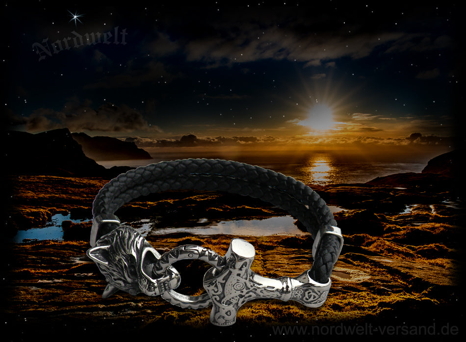 Lederarmband Thorhammer und Wolfskopf Edelstahl Thors- Hammer