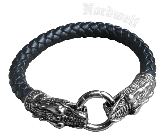 Armband mit Edelstahl Drachenköpfen Lederarmband