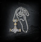Thors- Hammer mit Kette, teilweise vergoldet, Edelstahl Thorhammer Mammen Stil