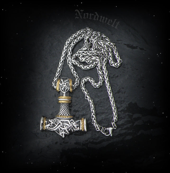 Thors- Hammer mit Kette, teilweise vergoldet, Edelstahl Thorhammer Mammen Stil