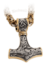 Thorhammer mit Königskette teil-vergoldet, Thors-Hammer Edelstahl Mammen- Stil