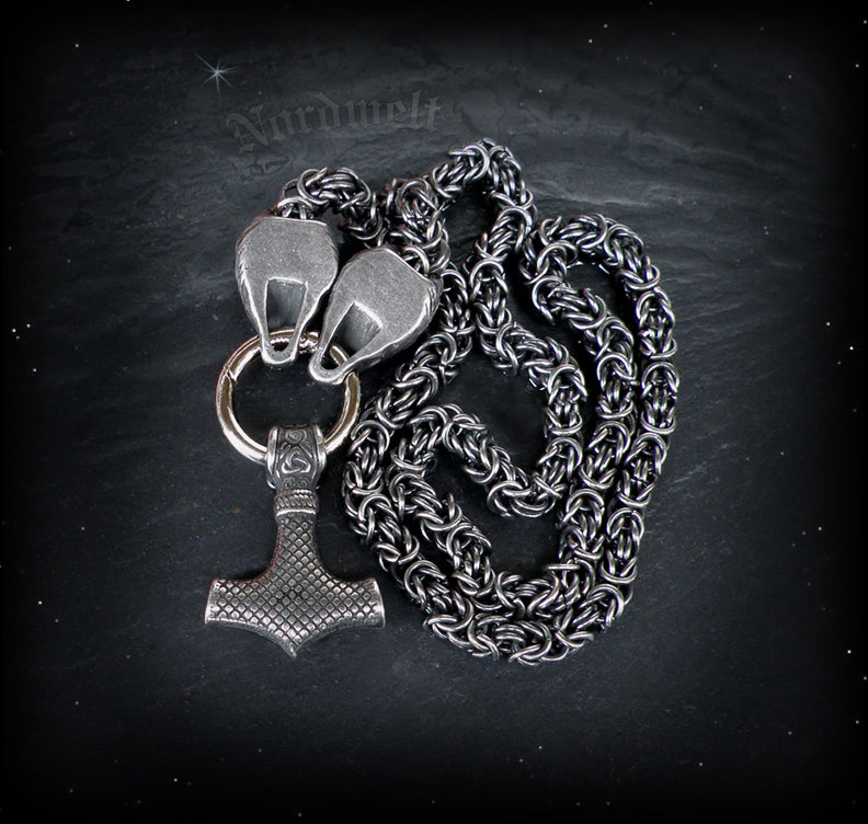 Schwarzer Edelstahl- Thorhammer mit Königskette und Wolfsköpfen, Mjölnir, Wikinger- Thors-Hammer