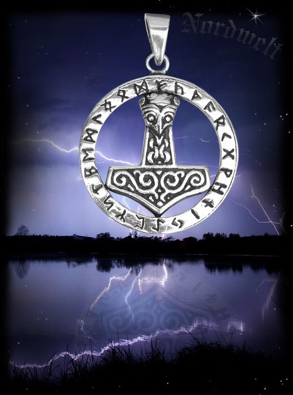 Runen Anhänger mit Thorhammer aus 925er Silber Thors Hammer Mjölnir Futhark