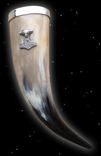 Methorn Trinkhorn aus ectem Horn mit Zinnrand und Thorhammer Thors-Hammer Mjönir