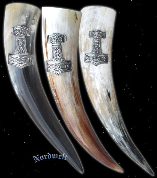 Methorn Trinkhorn mit Thorhammer Thors-Hammer aus Zinn Mjölnir Thors Hammer