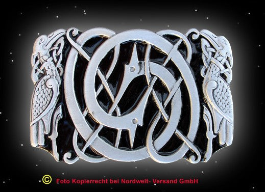Gürtelschnalle "Hugin und Munin", Zinn (teilweise emailliert)