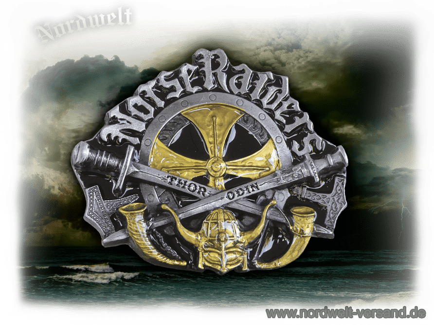 Norse Raiders Buckle Gürtelschnalle "Nordischer Angriff" Aufschrift Odin Thor Thorhammer Schwerter und Methörner