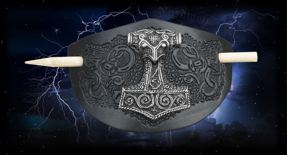 Haarspange Thorhammer Mjönir Thors-Hammer Wikinger Leder Haarschmuck
