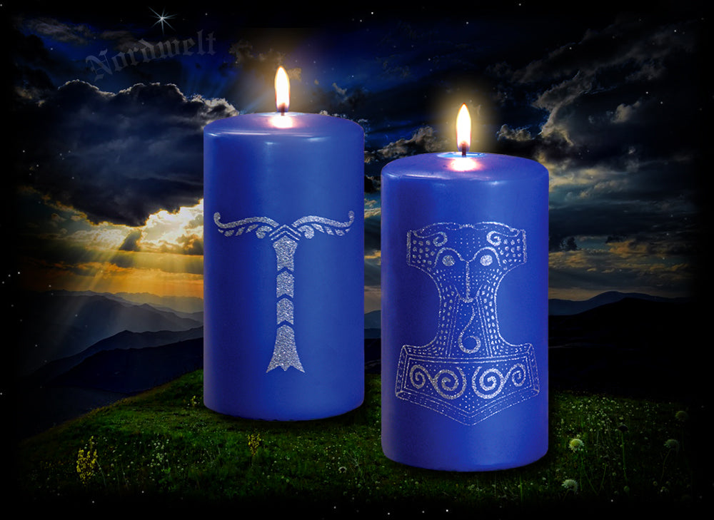 Thorhammer Irminsul Kerze mit Yggdrasil Thors-Hammer Mjölnir