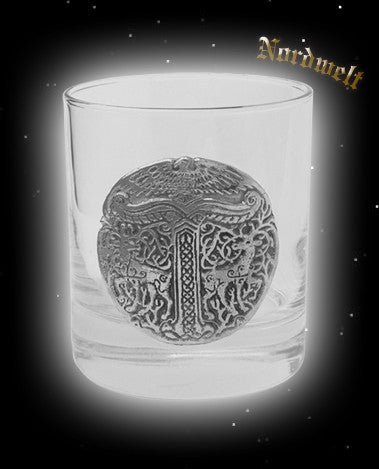 Glas mit Irminsul Adler Hräsvelg, Irminseul Kristallglas Yggdrasil Weltenesche und Hirschen