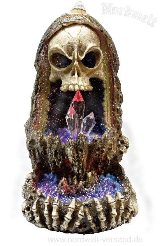 Rückfluss- Räucherkegelhalter Totenkopf , mit LED Lampe, Kunststein Polyresin