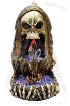 Rückfluss- Räucherkegelhalter Totenkopf , mit LED Lampe, Kunststein Polyresin