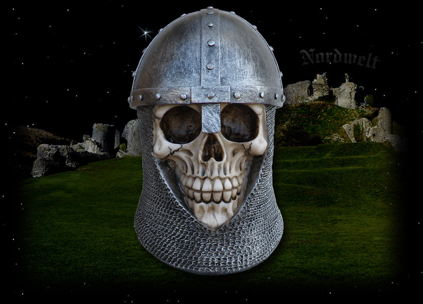 Wikingerschädel mit Kettenhaube Totenkopf Totenschädel Skull Polyresin Figur 