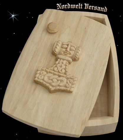 Thorhammer Holztruhe Mjölnir Holz Schnitzerei Thorshammer aus Lindenholz