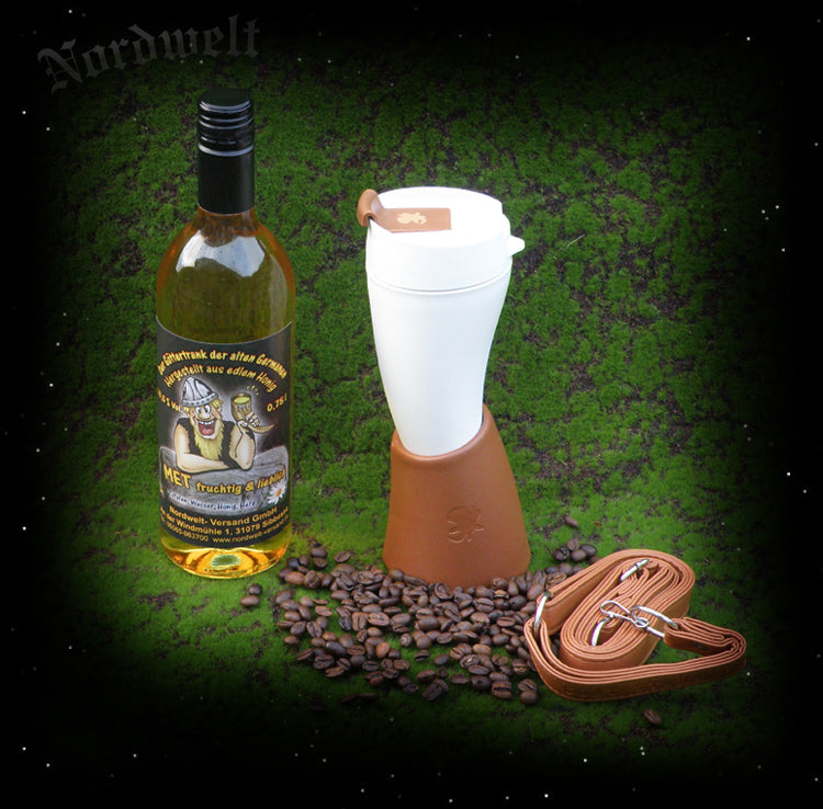 Hornbecher Ziegenleder und BPA-freier Kunststoff nachhaltiger Kaffebecher Wikinger Trinkhorn braun