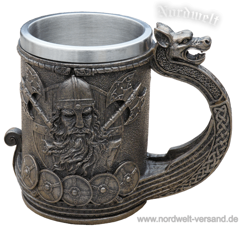 Krug Trinkbecher mit Wikinger Ornamente Wikingerschiff
