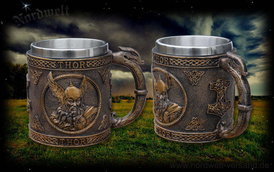 Krug Trinkbecher mit Thor Thorshammer Wikinger Ornamente Mjölnir