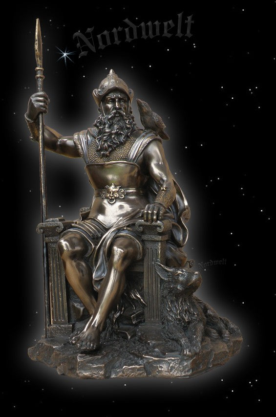 Wotan Wodan Göttervater Bronzefigur Statue Odin auf Thron sitzend, bronziert Figur 