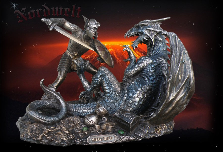 Siegfried der Drachentöter bronzierte Figur Statue Nibelungen- Sage Siegfried im Kampf gegen den Drachen