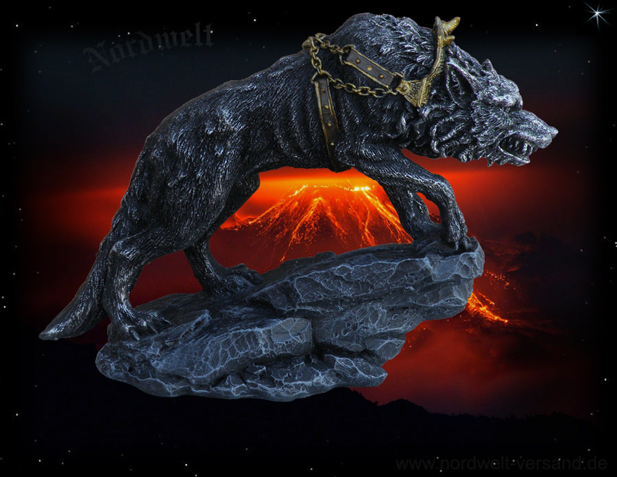 Fenriswolf in Ketten Figur Statue Kunststein Fenriswolf von Kriegsgott Tyr gefesselt 