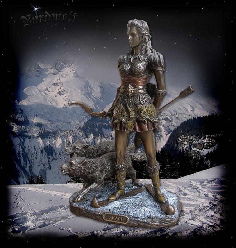 Göttin Skadi Figur Wintergöttin Bronzefigur Statue bronzierte Götterfigur Polyresin, Göttin der Berge