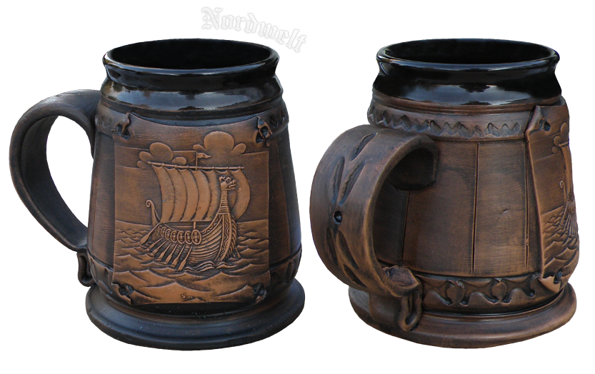 Humpen mit Wkingerschiff aus Keramik, Met- Becher Teepott Tasse mit Wikinger- Motiv