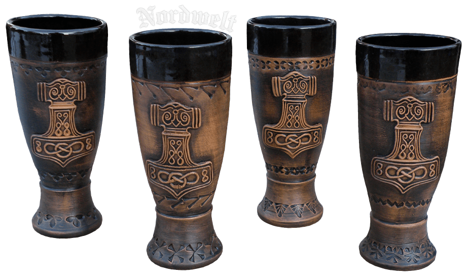 Kelch mit Throhammer Keramik Met- Becher mit Thors-Hammer Mjölnir Wikinger Weinkelch