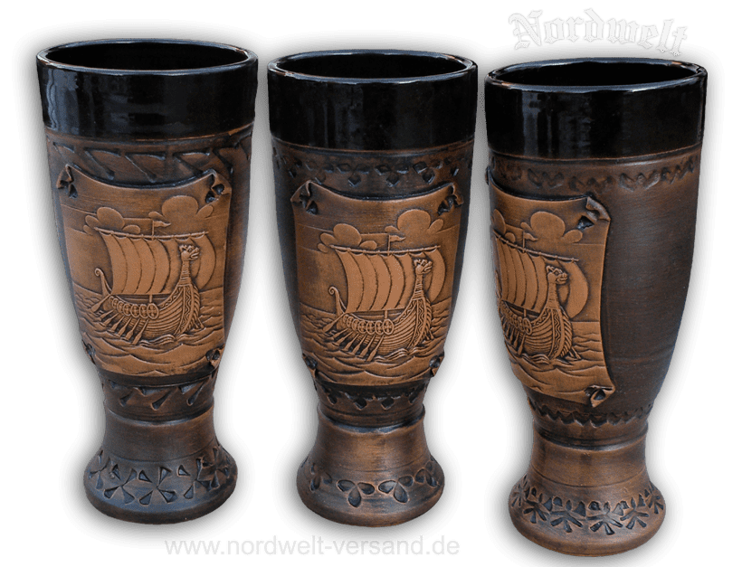 Met- Becher mit Wikingerschiff, Kelch, Weinbecher, Weizenbier-Becher mit Schiff der Wkinger, Keramik
