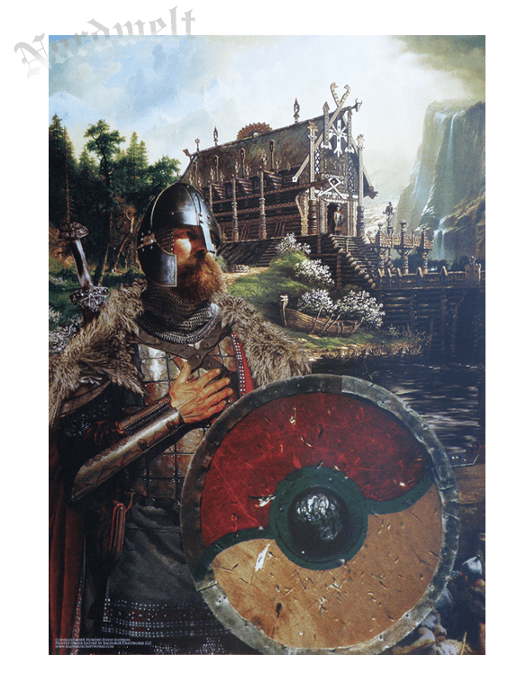 Wikinger mit Schwert und Schild, Langhaus Poster mythologischer Kunstdruck Nordmann